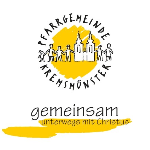 Pfarrgemeinde Kremsmünster, Schriftzug in Kreisform, darin eine Kirche mit Menschen, die sich die Hände reichen, darunter der Text "gemeinsam unterwegs mit Christus"