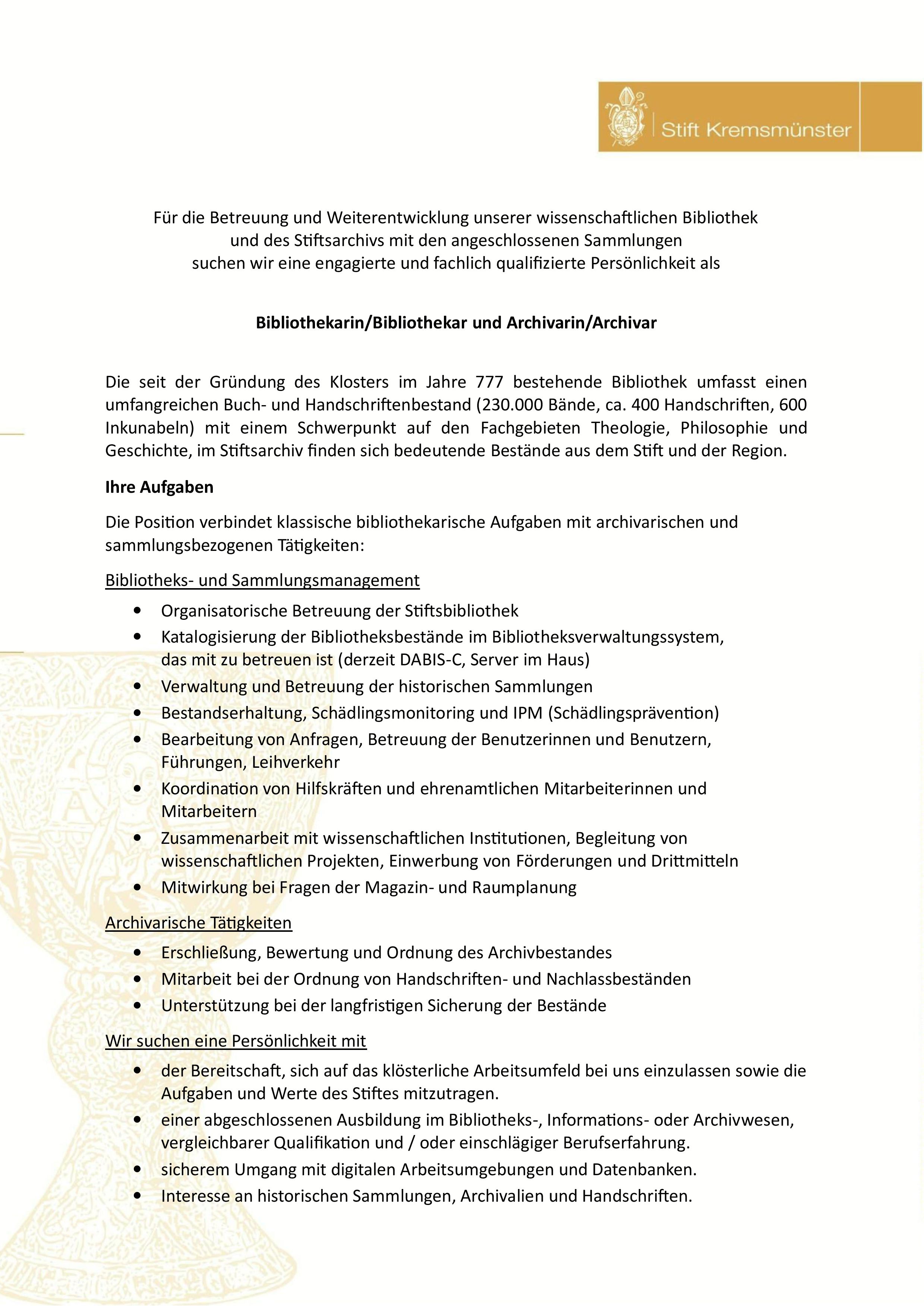 Stellenausschreibung Bibliothekar Archivar endvers 1