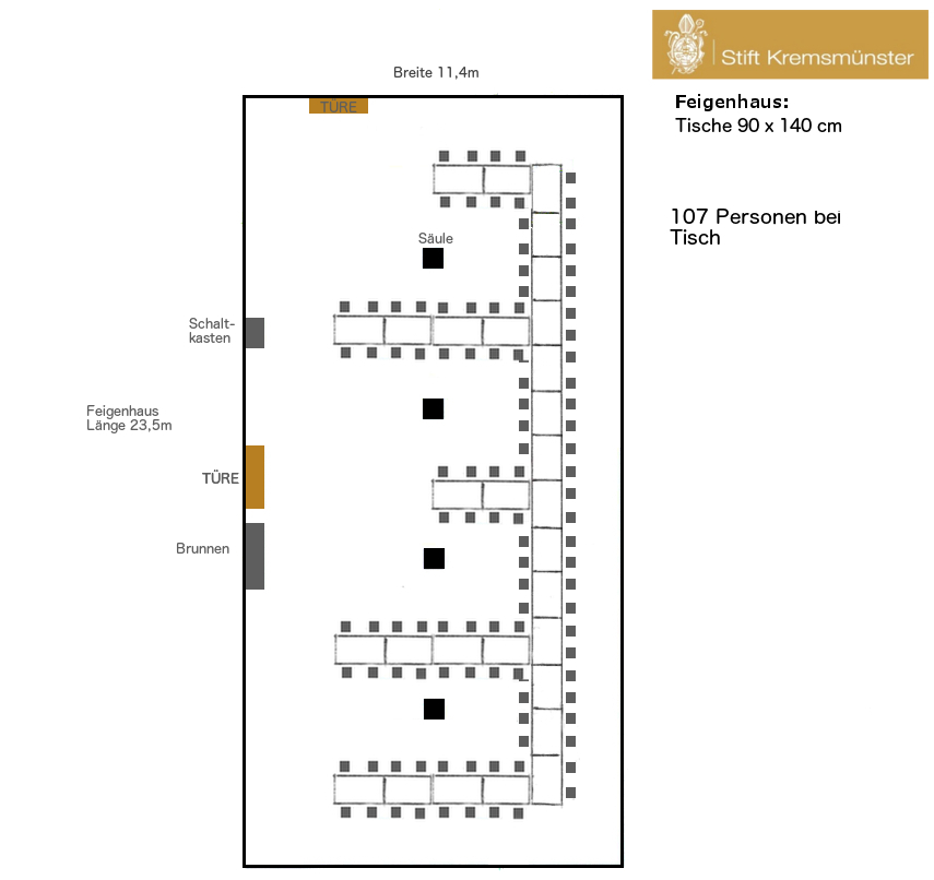 Bestuhlungsvariante 3: eine lange Tafel über den ganzen Raum mit mehreren 90 Grad Varianten