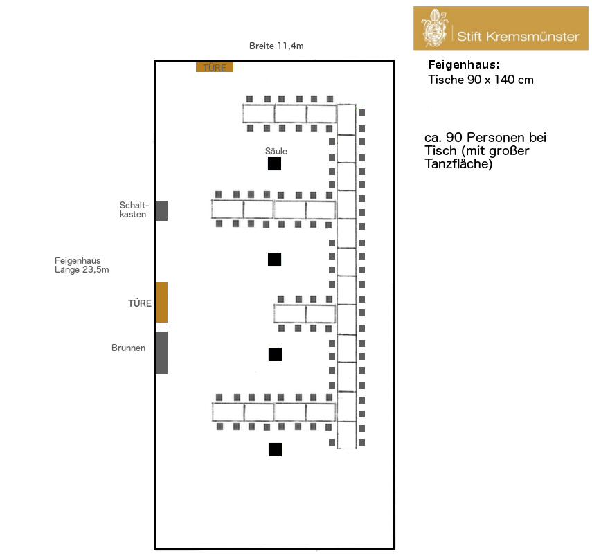 Bestuhlungsvariante 4: eine lange Tafel über dreiviertel des Raumes mit mehreren 90 Grad Varianten