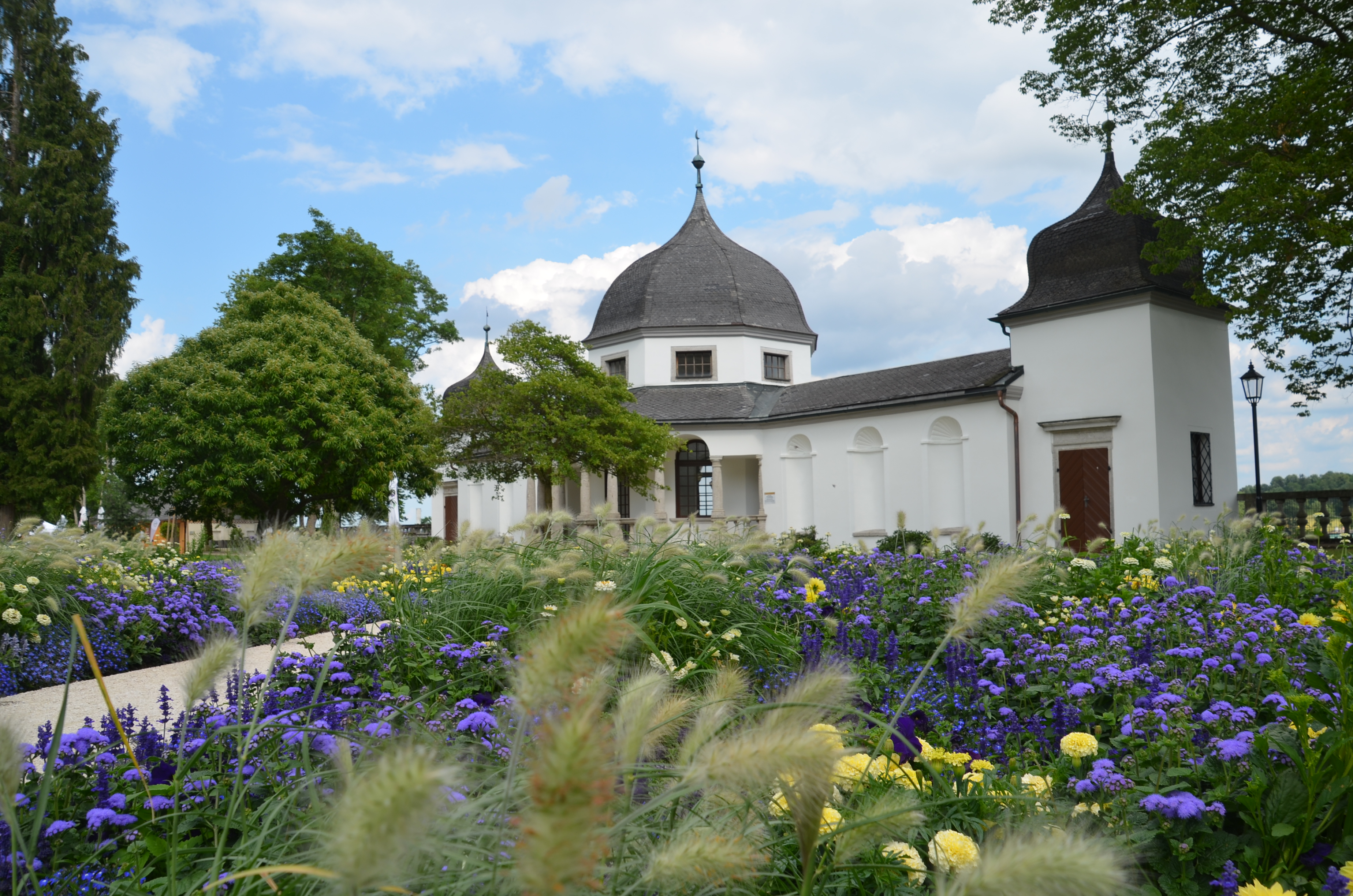 Blick auf das Pavillon in den Stiftsgärten. Ein weißer Kiesweg führt durch das Blumenbeet und die Bäume.