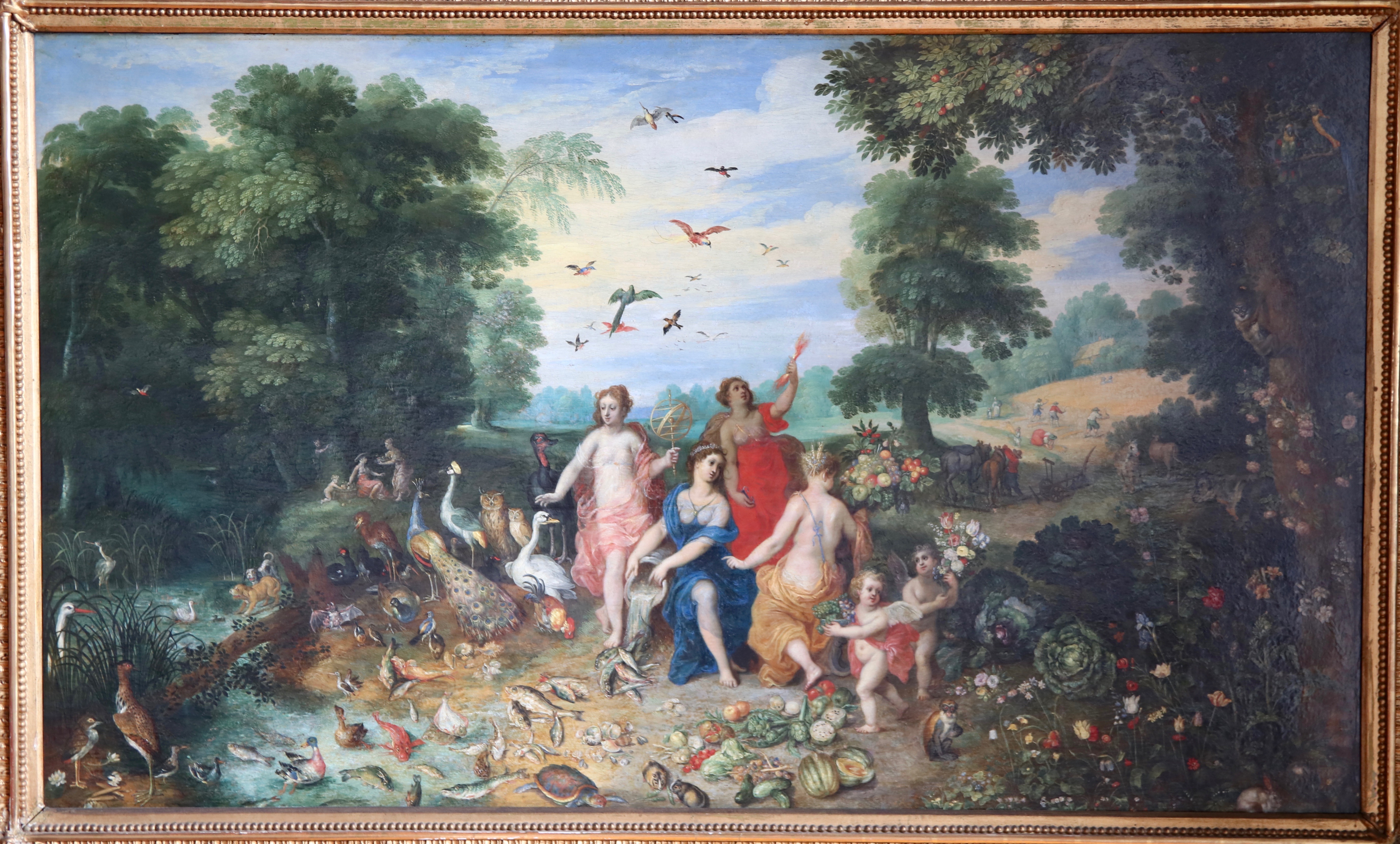 Inmitten einer paradiesischen Landschaft sind vier allegorische Frauengestalten zu sehen, die die vier Elemente Erde, Feuer, Wasser und Luft symbolisieren. Das Wasser etwa ist zu erkennen am blauen Kleid und dem Krug in der Hand, aus dem Wasser strömt. Rundherum zeigen sich die Schönheit und Vielfalt der Schöpfung: Blumen der verschiedensten Art, Gemüse, Melonen, Fische, Vögel, Affen und vieles mehr.