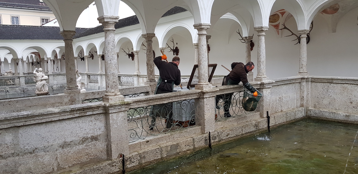 Zwei Fischer stehen am steinernen Geländer und fangen Fisch mit deren Kescher
