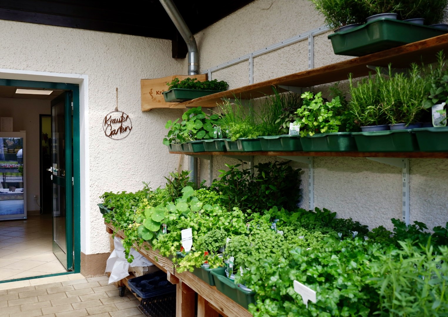 Frische Kräuter der Stiftsgärtnerei mit Schild "Kräuter Garten"