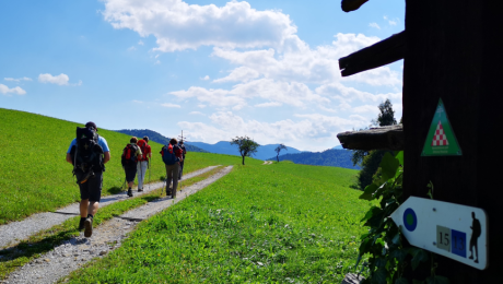Landschaft mit Pilgerweg und Pilgergruppe