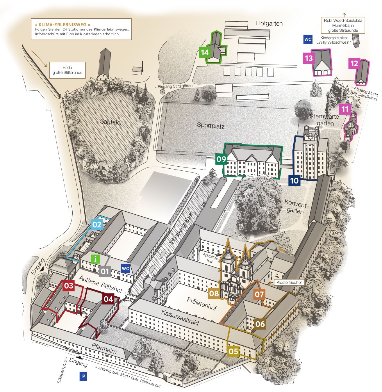 3D-Karte vom Stift Kremsmünster mit markierten Teilbereichen zur Auswahl von Popup-Fenster