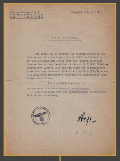 Originalschreiben zur Beschlagnahmung des Stiftes durch die geheime Staatspolizei vom 3. April 1941