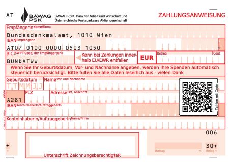 Muster für einen Zahlschein an das Bundesdenkmalamt inklusive QR-Code