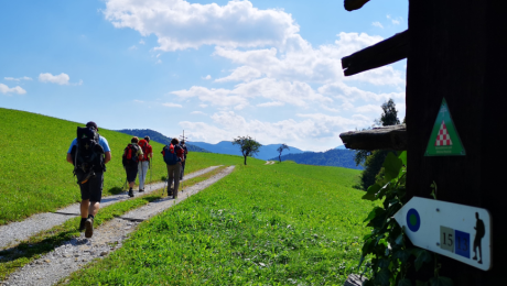 Landschaft mit Pilgerweg und Pilgergruppe