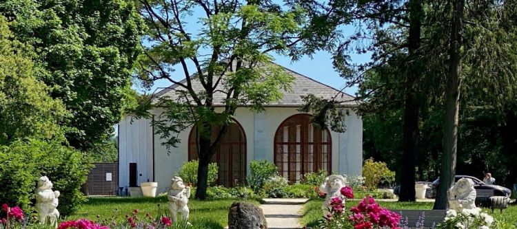 Architektonisches Gewächshaus in sommerlichem Garten