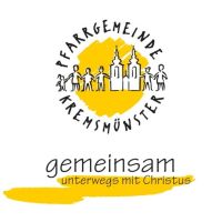 Pfarrgemeinde Kremsmünster, Schriftzug in Kreisform, darin eine Kirche mit Menschen, die sich die Hände reichen, darunter der Text "gemeinsam unterwegs mit Christus"