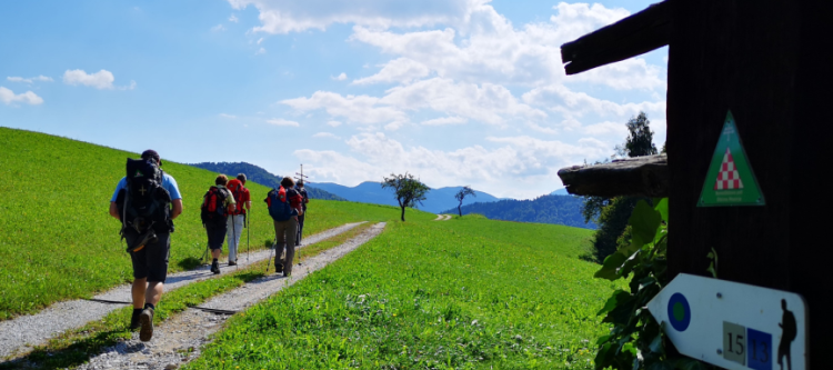 Landschaft mit Pilgerweg und Pilgergruppe